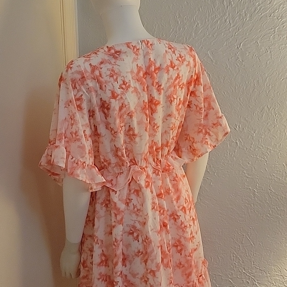 AGQT Flirty Coral Pink Watercolor Ruffle Mini Skater Dress Small - Picture 7 of 9